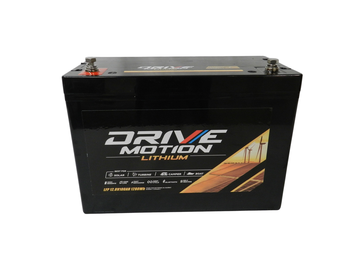 Drive Motion LiFePO 4- 12 Volts, 100 Ah (27) - 1280 Whr, Bluetooth & Autochauffante
