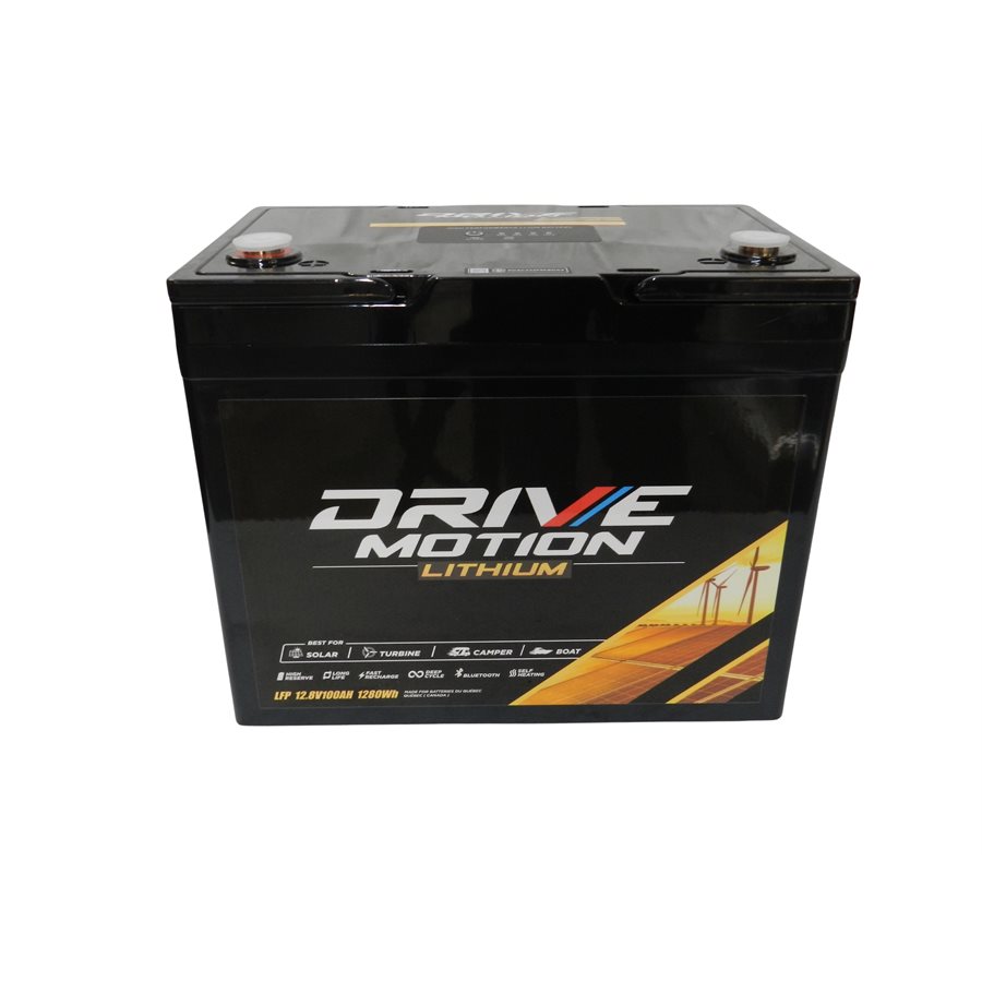 Drive Motion LiFePO 4- 12 Volts, 100 Ah (24) - 1280 Whr, Bluetooth & Autochauffante